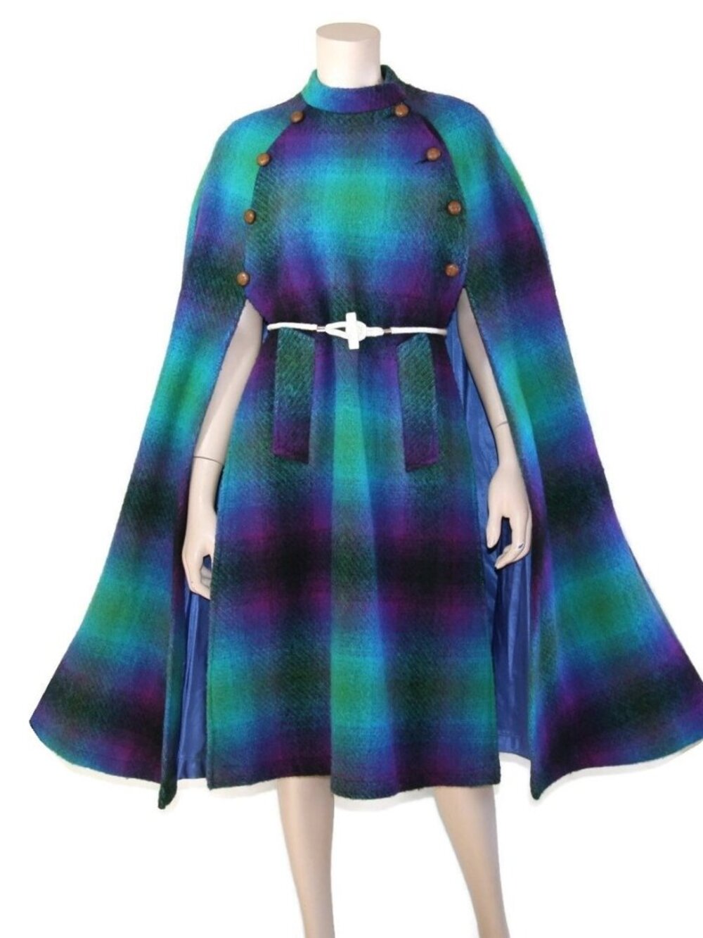 1960s mod Irish wool plaid cape, 60s military tartan coat